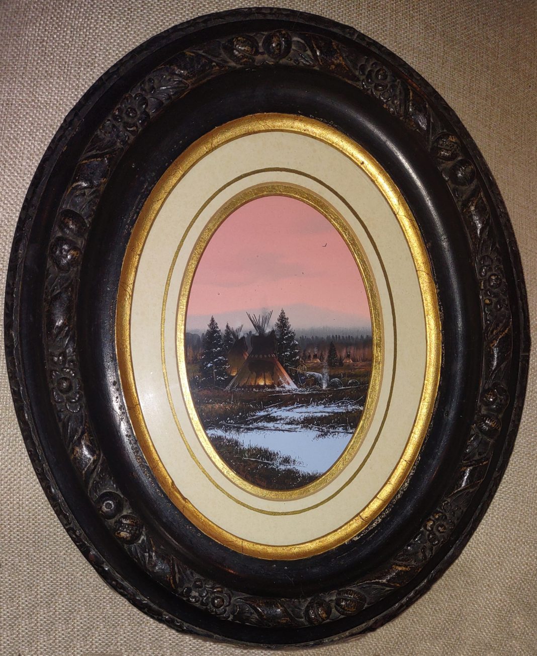 John Paul Strain Winter's Eve Fire Native American encampment camp tee pee tipi snow western gouache painting