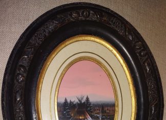 John Paul Strain Winter's Eve Fire Native American encampment camp tee pee tipi snow western gouache painting