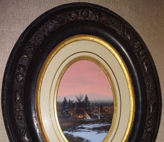 John Paul Strain Winter's Eve Fire Native American encampment camp tee pee tipi snow western gouache painting