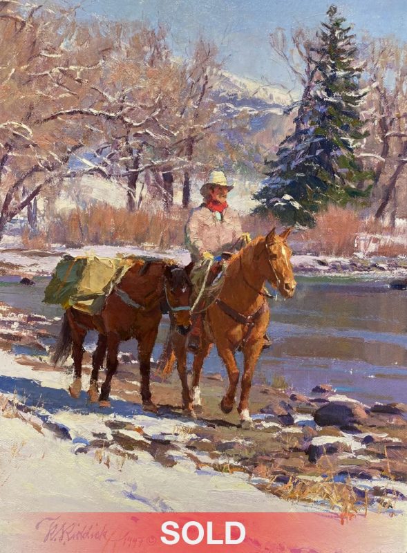 R.S. Ron Riddick Homeward cowboy pack horse stream river brook Christmas tree pine snow western oil painting sold