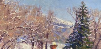 R.S. Ron Riddick Homeward cowboy pack horse stream river brook Christmas tree pine snow western oil painting