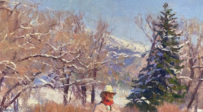 R.S. Ron Riddick Homeward cowboy pack horse stream river brook Christmas tree pine snow western oil painting