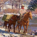 R.S. Ron Riddick Homeward cowboy pack horse stream river brook Christmas tree pine snow western oil painting close up