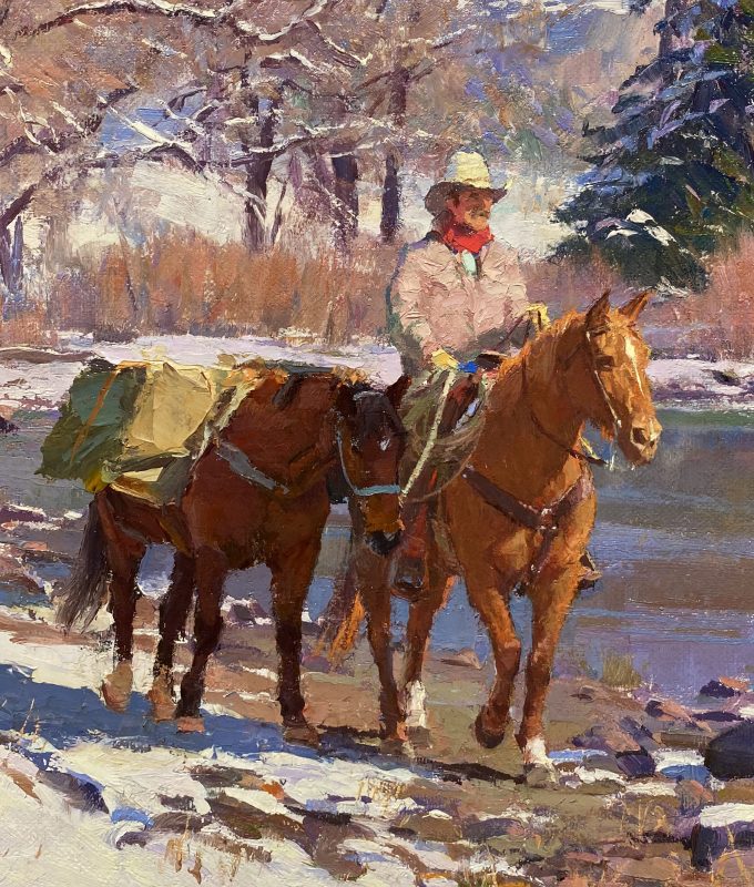 R.S. Ron Riddick Homeward cowboy pack horse stream river brook Christmas tree pine snow western oil painting close up