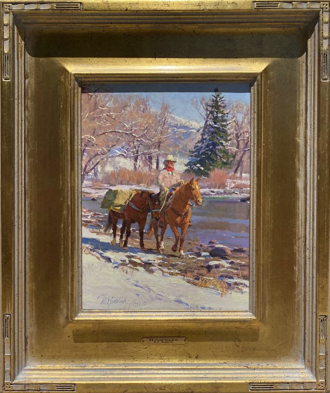 R.S. Ron Riddick Homeward cowboy pack horse stream river brook Christmas tree pine snow western oil painting framed