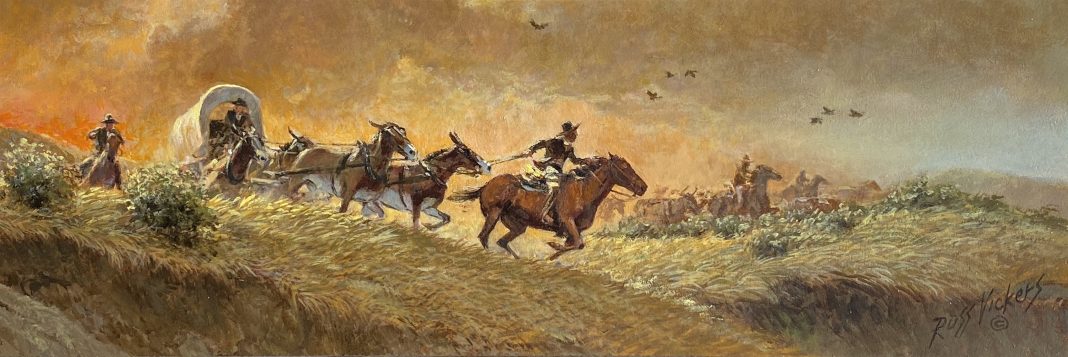 Russ Vickers Wrangler Lends A Hand western oil painting cowboy horses stage coach action western
