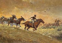 Russ Vickers Wrangler Lends A Hand western oil painting cowboy horses stage coach action western
