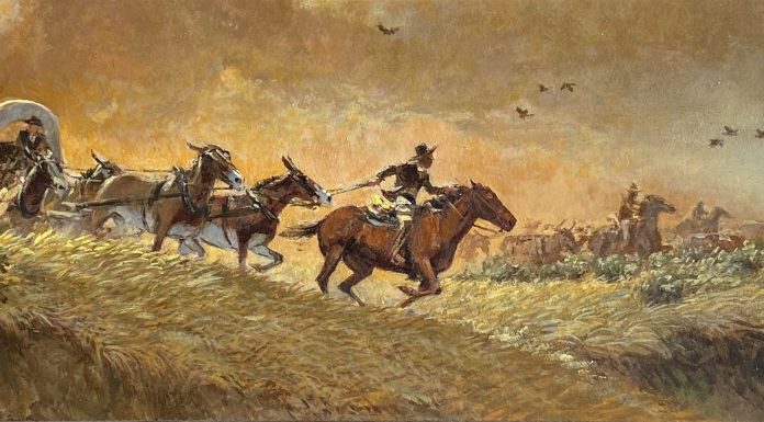 Russ Vickers Wrangler Lends A Hand western oil painting cowboy horses stage coach action western