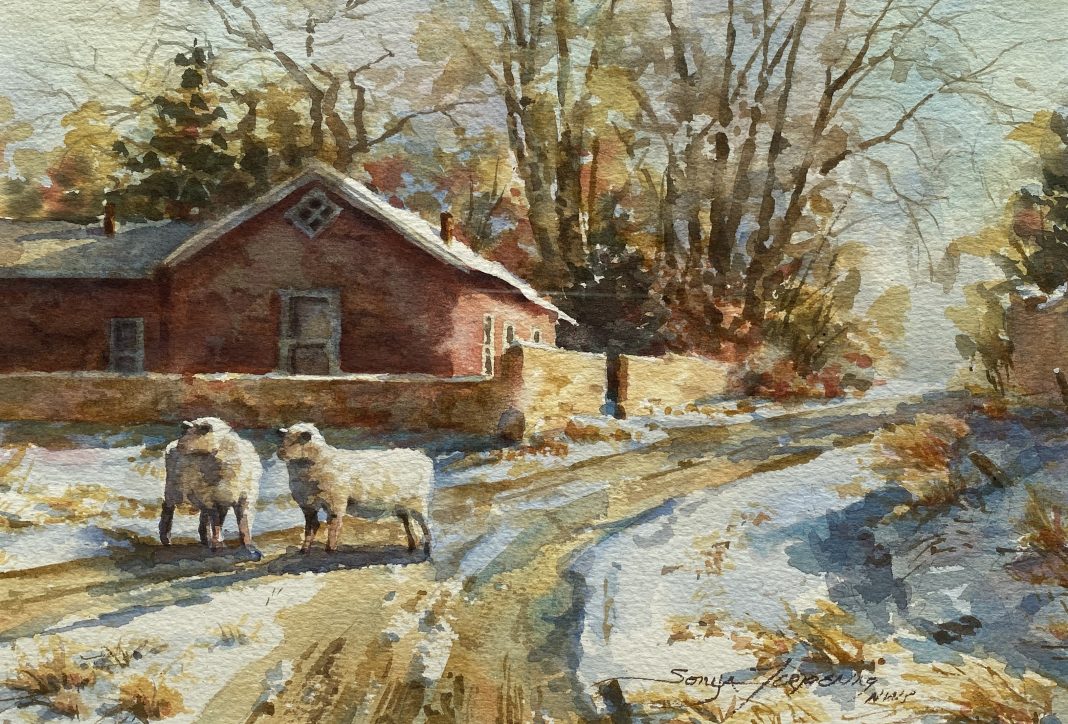Sonya Terpening Fork In The Road sheep farm ranch snow watercolor landscape painting