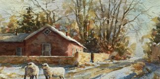 Sonya Terpening Fork In The Road sheep farm ranch snow watercolor landscape painting