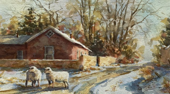 Sonya Terpening Fork In The Road sheep farm ranch snow watercolor landscape painting