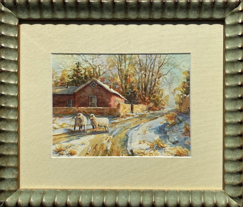 Sonya Terpening Fork In The Road sheep farm ranch snow watercolor landscape painting framed