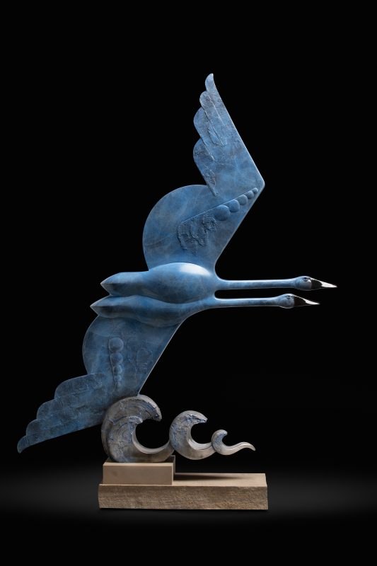 Tim Cherry Against The Wind swan in flight bird wildlife bronze sculpture back