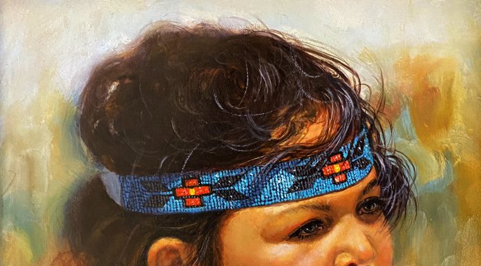 Vicki Catapano Between The Winds Native American Indian girl woman female celebration dress western oil painting