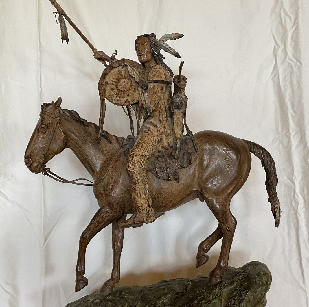 Bill Nebeker Warrior's Challenge Native American Indian warrior horse spear shield western bronze sculpture close up