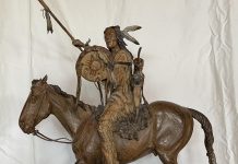 Bill Nebeker Warrior's Challenge Native American Indian warrior horse spear shield western bronze sculpture close up