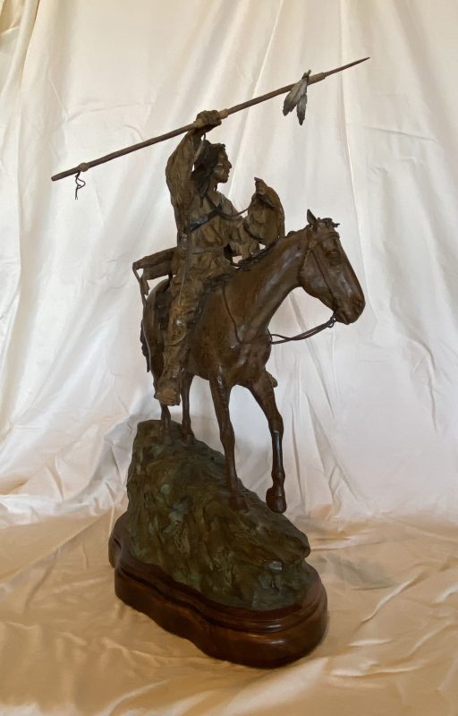 Bill Nebeker Warrior's Challenge Native American Indian warrior horse spear shield western bronze sculpture side
