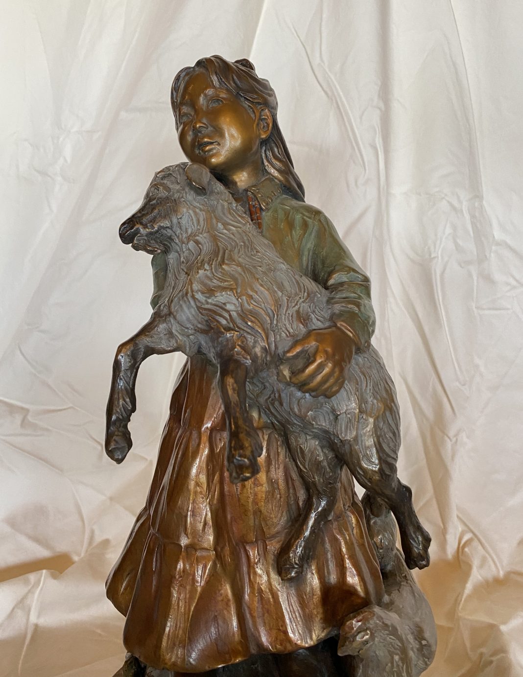 Susan Kliewer Maggie's Farm Native American girl woman goat sheep animal western bronze sculpture close up