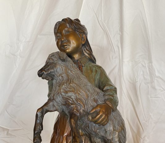Susan Kliewer Maggie's Farm Native American girl woman goat sheep animal western bronze sculpture close up