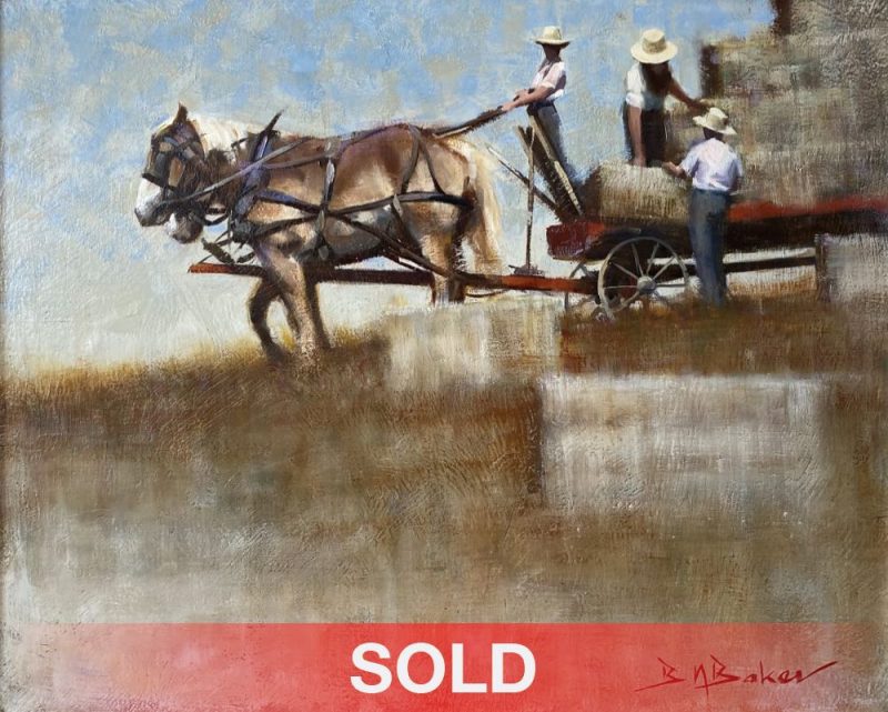 B. Baker Haying The Fields ranch farm cowboy work horses wagon western oil painting sold