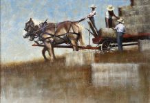 B. Baker Haying The Fields ranch farm cowboy work horses wagon western oil painting