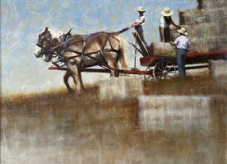 B. Baker Haying The Fields ranch farm cowboy work horses wagon western oil painting