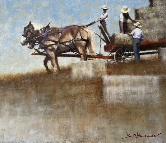 B. Baker Haying The Fields ranch farm cowboy work horses wagon western oil painting