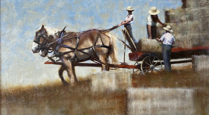 B. Baker Haying The Fields ranch farm cowboy work horses wagon western oil painting