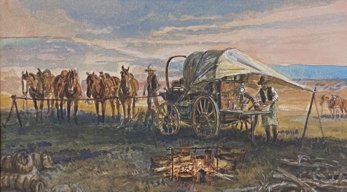 Dave Powell Cow Camp Cook horses chuck wagon cook campfire coffee brewing ranch farm western watercolor painting