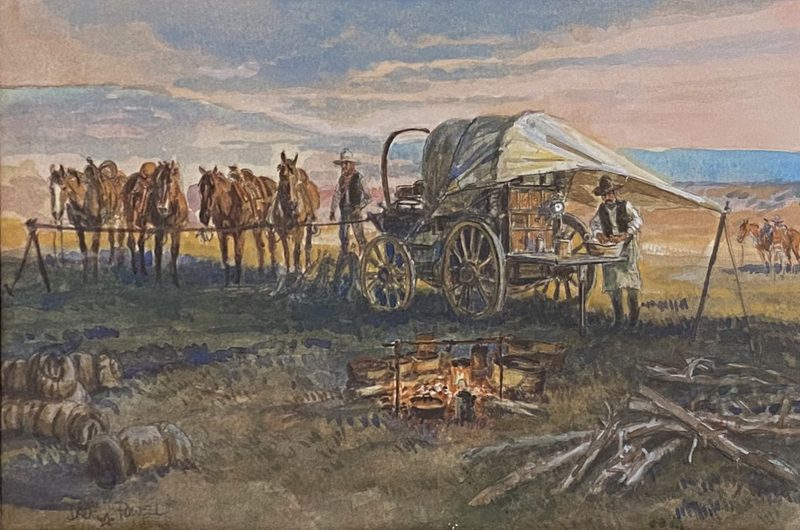 Dave Powell Cow Camp Cook horses chuck wagon cook campfire coffee brewing ranch farm western watercolor painting