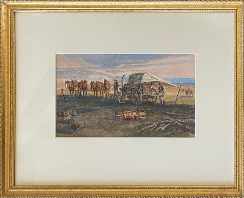 Dave Powell Cow Camp Cook horses chuck wagon cook campfire coffee brewing ranch farm western watercolor painting frame