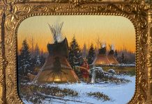John Paul Strain Crow Winter Camp Native American Indian tee pee tipi encampment village snow western gouache watercolor painting