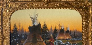 John Paul Strain Crow Winter Camp Native American Indian tee pee tipi encampment village snow western gouache watercolor painting