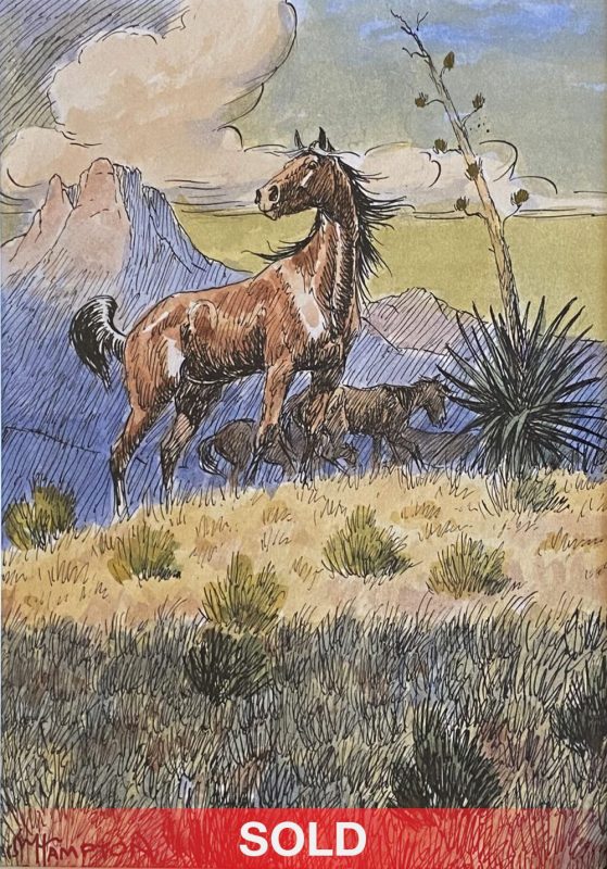 Johnny Hampton Mustangs horses equine desert mountain wild free horse western pen watercolor painting sold