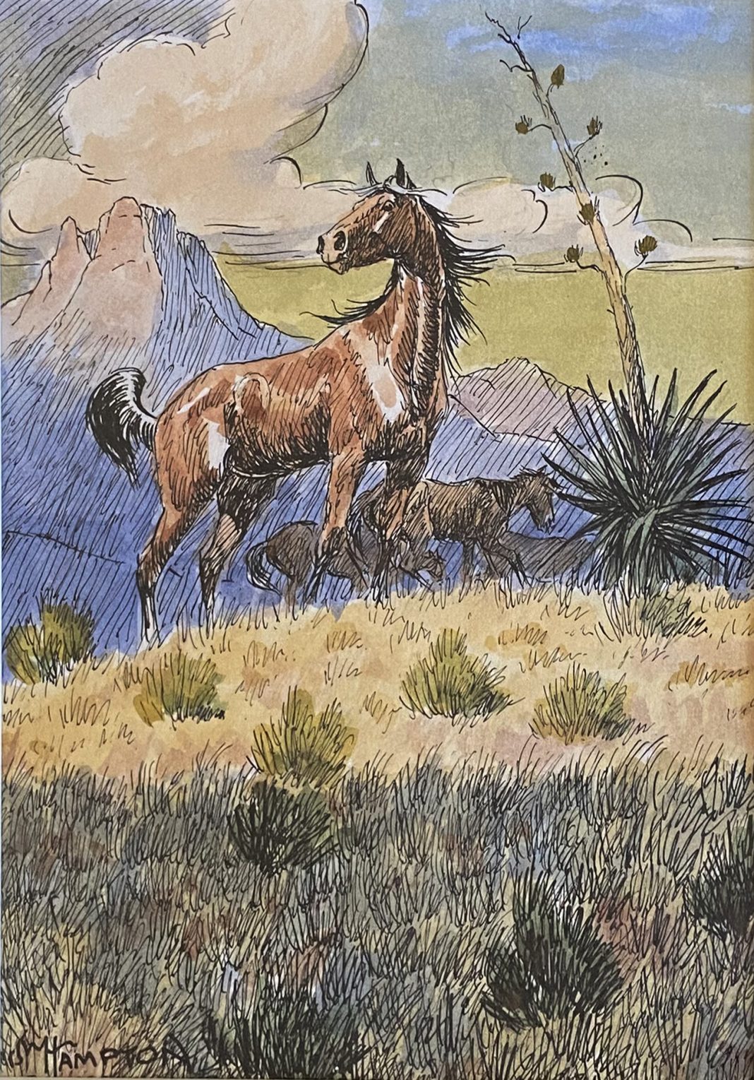 Johnny Hampton Mustangs horses equine desert mountain wild free horse western pen watercolor painting