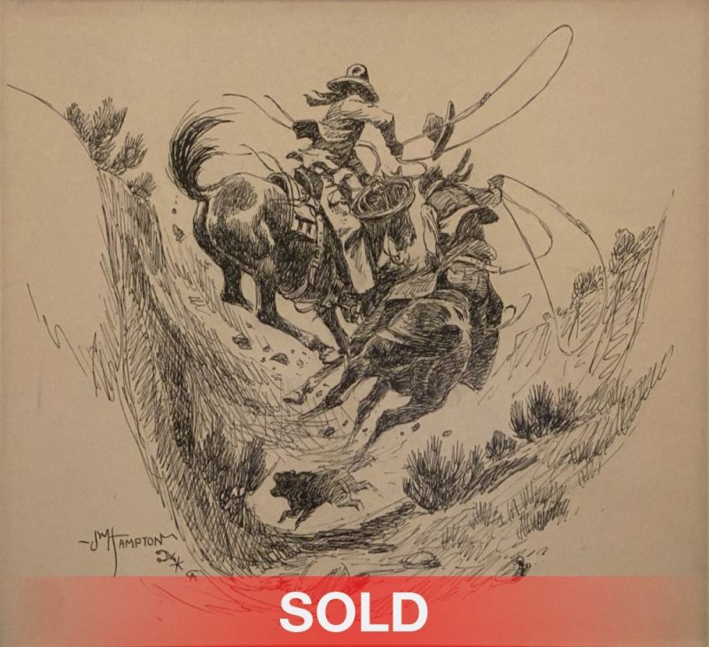 John Wade Hampton Johnny bucking horse action western painting pen ink drawing western cowboy horse sold