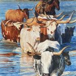 Kay Homan Lost Are Found longhorn cattle cow river cowboy horse western watercolor painting sold