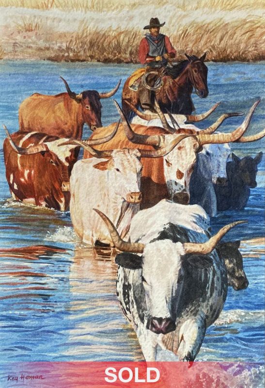 Kay Homan Lost Are Found longhorn cattle cow river cowboy horse western watercolor painting sold