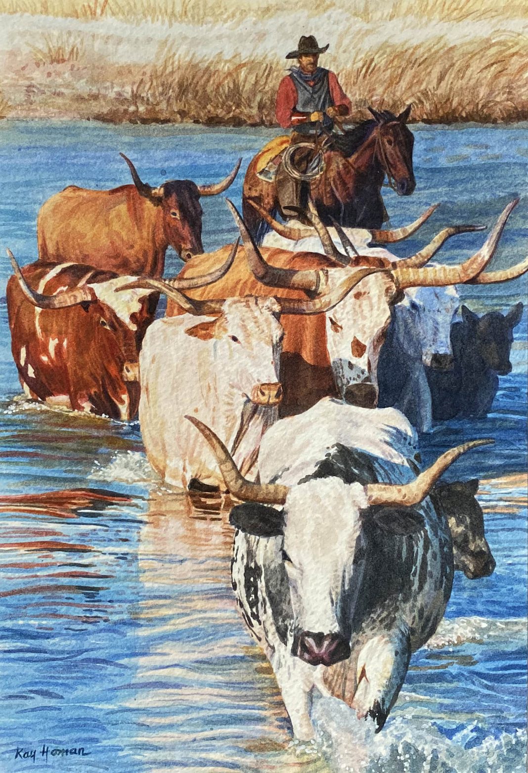 Kay Homan Lost Are Found longhorn cattle cow river cowboy horse western watercolor painting