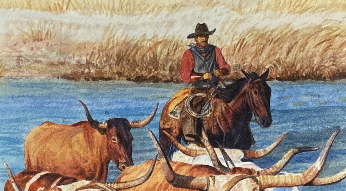 Kay Homan Lost Are Found longhorn cattle cow river cowboy horse western watercolor painting