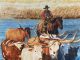 Kay Homan Lost Are Found longhorn cattle cow river cowboy horse western watercolor painting