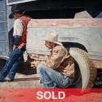 Robert Woodcock The Waiting Game cowboy truck ranch farm western oil painting sold
