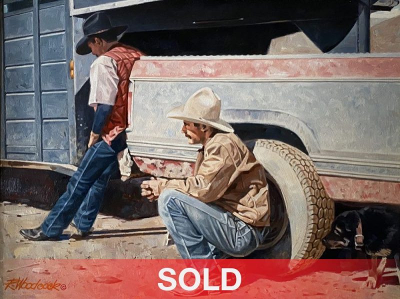 Robert Woodcock The Waiting Game cowboy truck ranch farm western oil painting sold