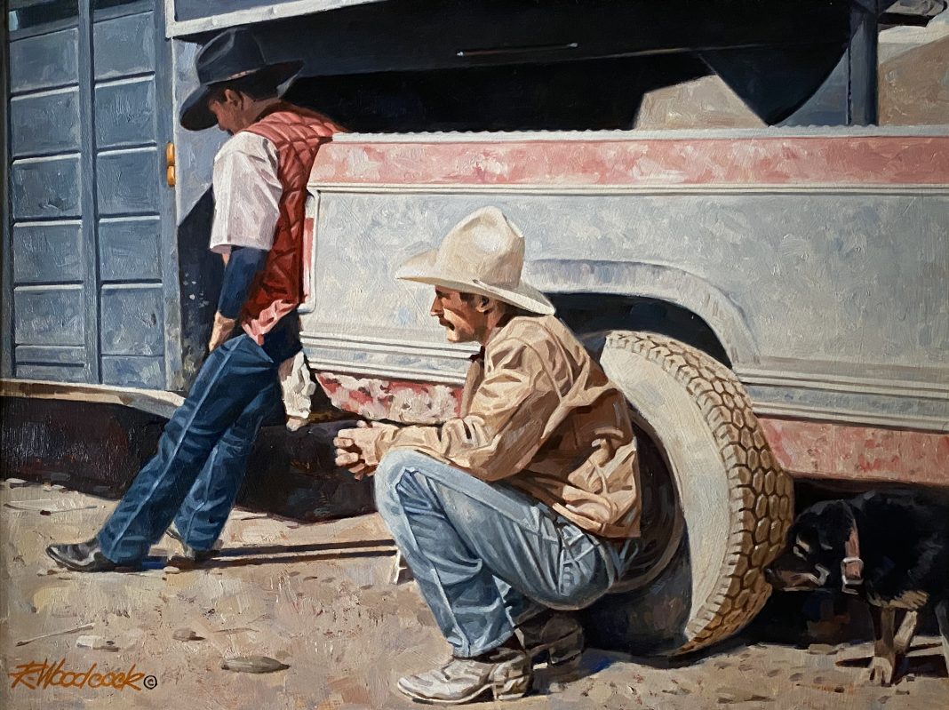 Robert Woodcock The Waiting Game cowboy truck ranch farm western oil painting