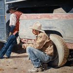 Robert Woodcock The Waiting Game cowboy truck ranch farm western oil painting