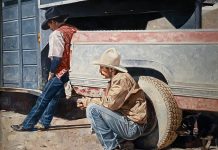 Robert Woodcock The Waiting Game cowboy truck ranch farm western oil painting