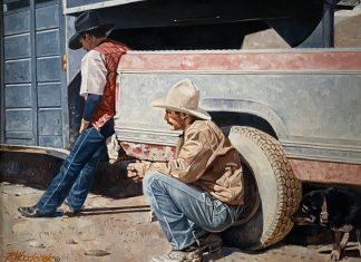 Robert Woodcock The Waiting Game cowboy truck ranch farm western oil painting