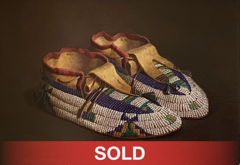 Turid Pedersen Beaded Plains Indian Moccasins western stillife Native American oil painting sold