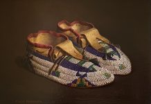 Turid Pedersen Beaded Plains Indian Moccasins western stillife Native American oil painting