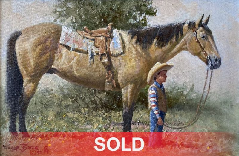 Wayne Baize Soaking Up A Way Of Life saddled horse boy cowboy ranch farm western oil painting sold